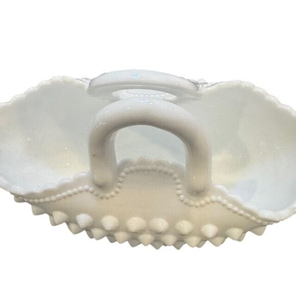 White Hobnail Milk Glass Mini Basket With Handle & Scalloped Edge - Picture 2 of 8